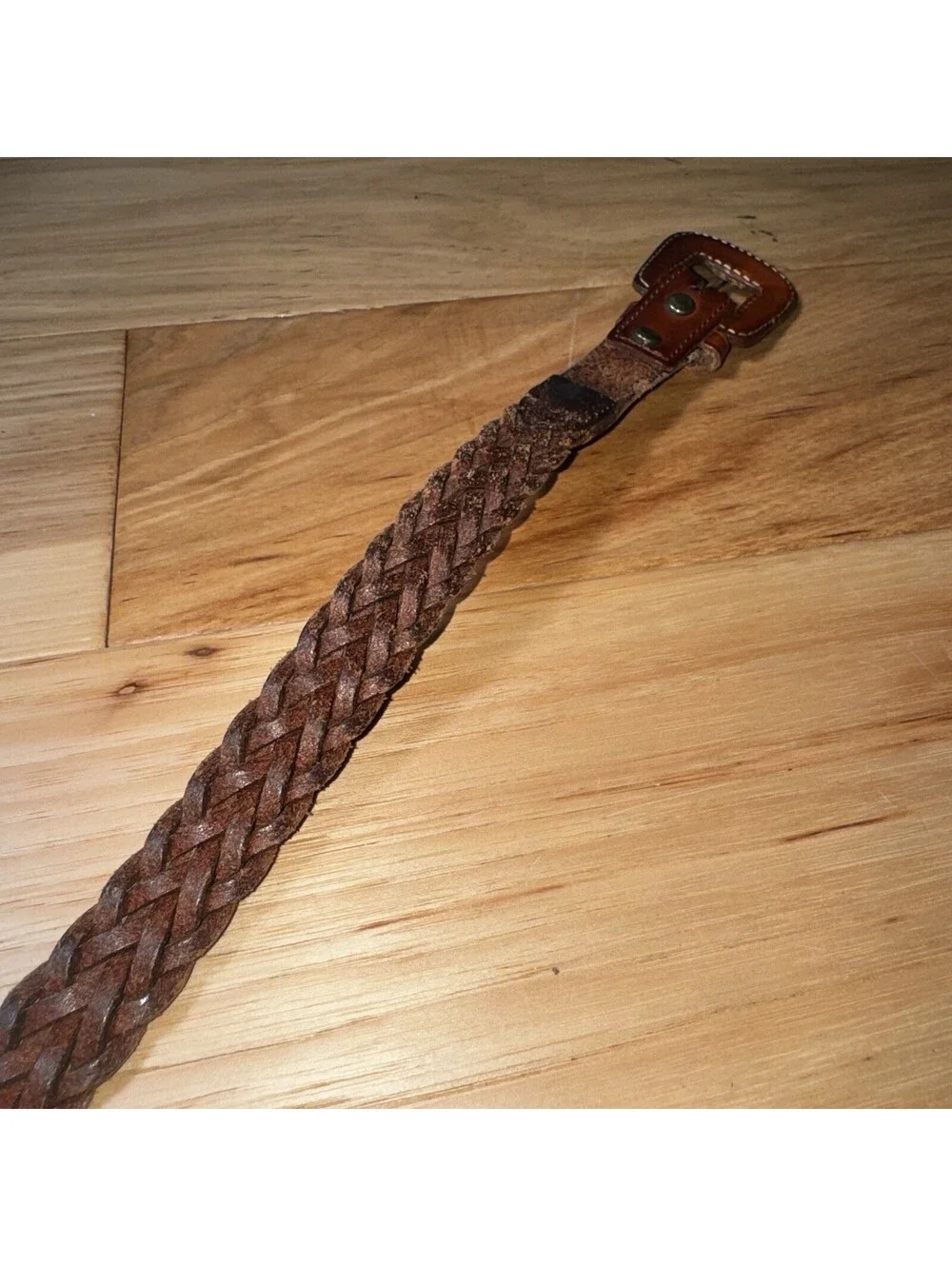 Vintage Leegin Braided Leather Belt Western Tooled Buckle Brown Size L 35”